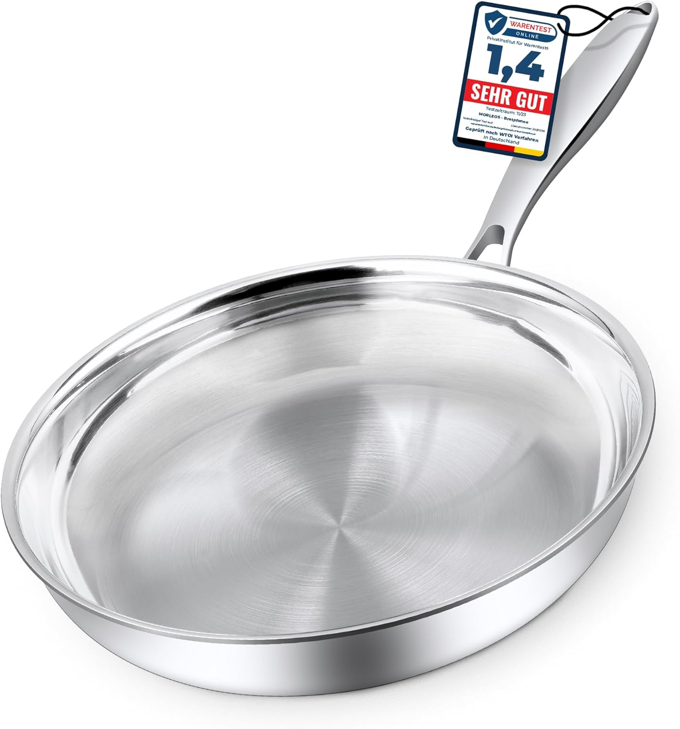 Morleos poêle en acier inoxydable 18/10 - Ø 28cm - 5 couches - 3mm - 1,35 kg - Poêle en acier inoxydable pour induction - Lavable au lave-vaisselle et résistant au four jusqu'à 400°C Acier Inoxydable Ø 28cm