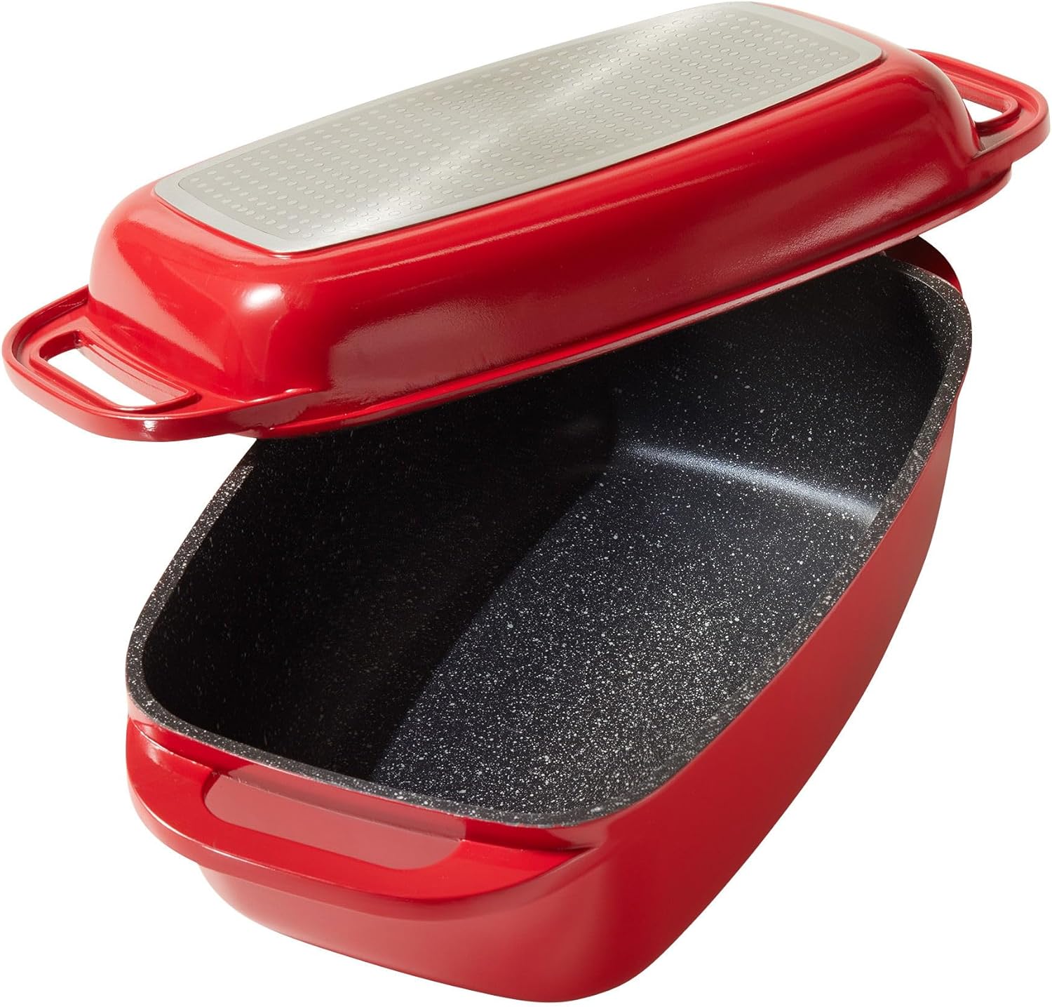 Cocotte Rectangulaire 40x22 cm, en Fonte d’Aluminium, avec Couvercle à Induction, Revêtement Antiadhésif avec de vraies particules de pierre, Compatible à l'Induction et au four, Rouge 40x22 cm Rouge