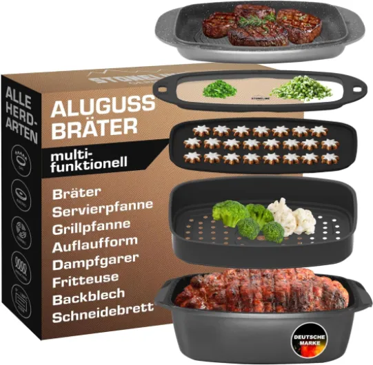 Set 5 pièces Cocotte Fonte d’Aluminium 39x22 cm, 5,6 L, Casserole multifonctions pour rôtir cuire four vapeur, tous feux dont induction, Antiadhésif avec de vraies particules de pierre, Gris
