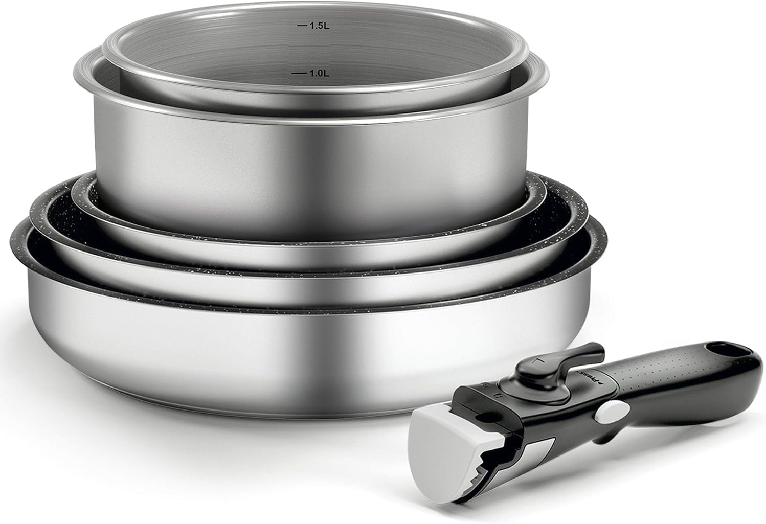 199906, batterie de cuisine 6 pieces, 3 poeles avec Revêtement antiadhésif, 2 Casseroles, 1 poignée amovible, Inox, Induction, Compatible lave-vaisselle, Garantie 5 ans.