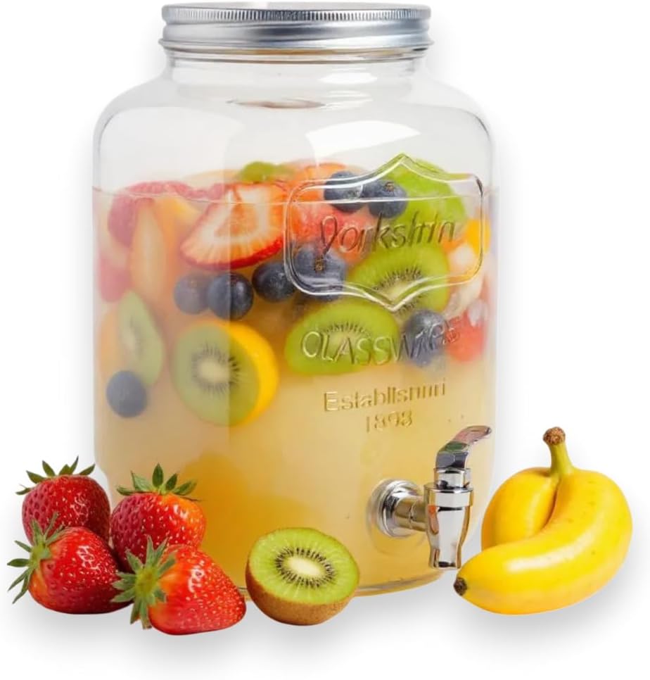 PZL CONCEPT Distributeur Boisson avec Robinet 8 L - Fontaine à Eau et Cocktail - Bol à Punch - Jarre en Verre pour Limonades - Bonbonne - Bocal pour Sublimez vos Fêtes et Anniversaires