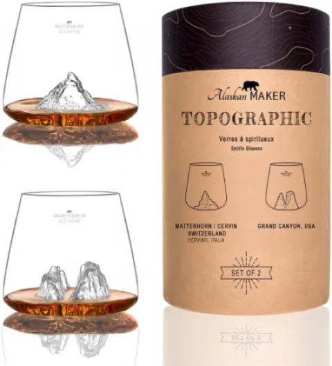 Verres à Whisky 350ml (lot de 2) - Borosilicate de qualité supérieure, soufflés artisanalement avec les montagnes en relief - Forme Tulipe - Spiritueux TOPOGRAPHIC (Grand Canyon & Matterhorn)