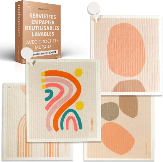 Torchons suédois - Essuie-Tout réutilisables - Torchons suédois pour la Cuisine - Lot Moderne de 4 - Essuie-Tout réutilisables - Chiffons de Nettoyage lavables pour la Cuisine Moderne X 4