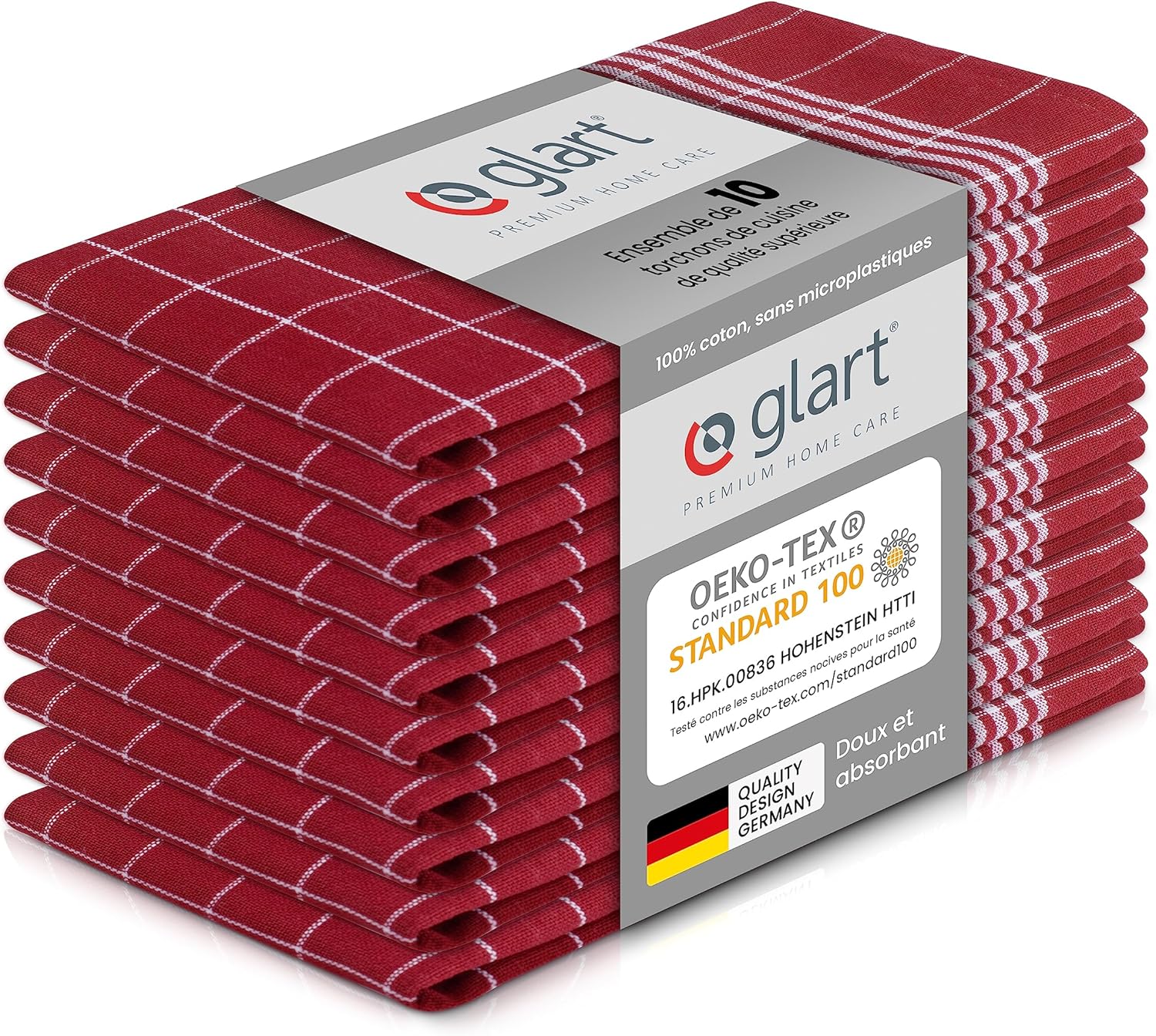Glart 48RI2 Set de 10 torchons de cuisine 50x70 cm en 100% coton rouge, certifié OEKO-TEX Standard 100, sans peluche, lavable, prélavé pour la cuisine et la vaisselle Torchons de Cuisine, Lot de 10, Rouge