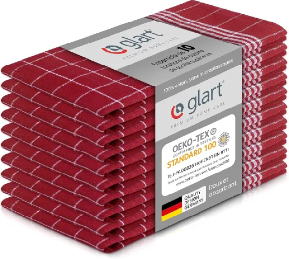 Glart 48RI2 Set de 10 torchons de cuisine 50x70 cm en 100% coton rouge, certifié OEKO-TEX Standard 100, sans peluche, lavable, prélavé pour la cuisine et la vaisselle Torchons de Cuisine, Lot de 10, Rouge