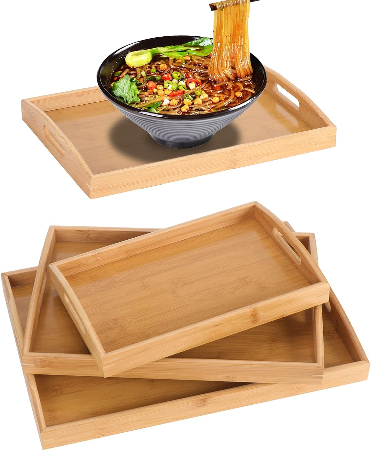 3pcs Grand Plateaux de Service en Bambou, Plateau Repas Rectangle avec Poignées, Plateau Petit-Déjeuner Service pour Vaisselle, Boissons, Réception de Fête