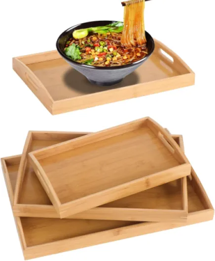 3pcs Grand Plateaux de Service en Bambou, Plateau Repas Rectangle avec Poignées, Plateau Petit-Déjeuner Service pour Vaisselle, Boissons, Réception de Fête