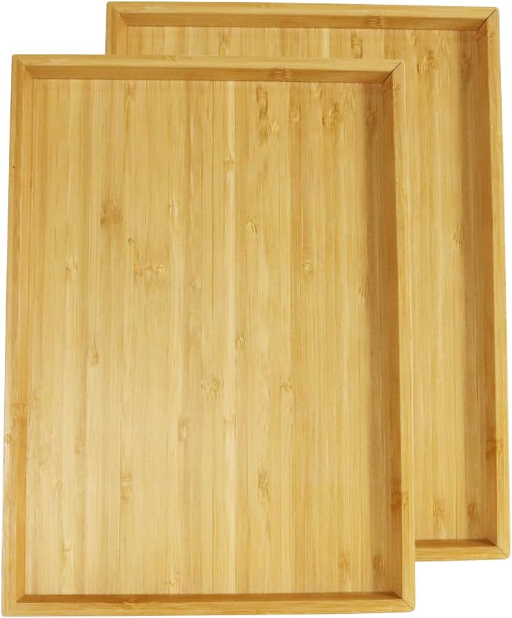 Lot de 2 Plateaux de Service rectangulaires Portables Bambou pour Cuisine, Salle à Manger, Snack, Fruits, TV, lit (Naturel)