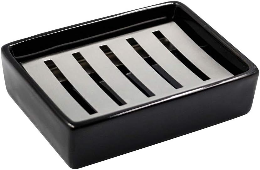 Ulable Porte-Savon en Céramique en Acier Inoxydable SUS304 pour Salle de Bain, Double Couche, Porte-Savon Auto-drainant, Dites Non au Savon Moelleux, Nettoyage Facile (Noir)