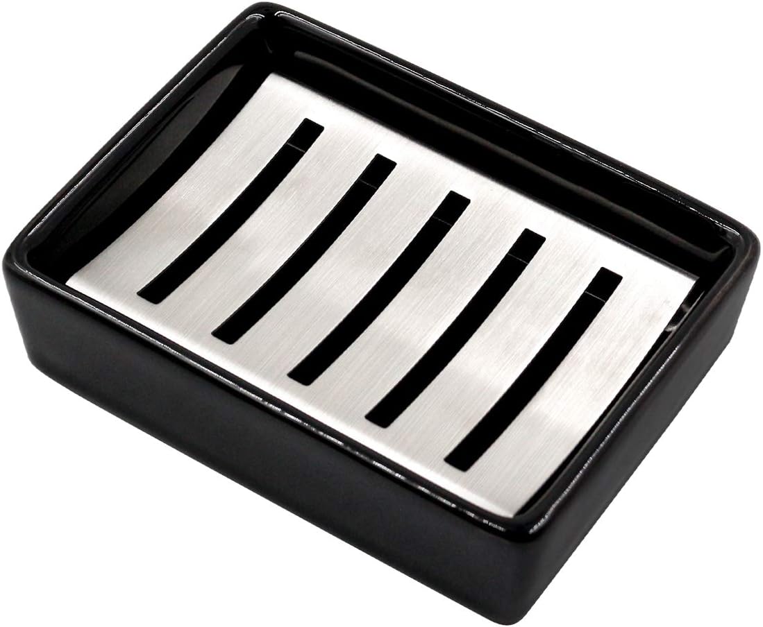 Porte-savon en céramique et acier inoxydable 304, double couche, auto-drainant, économiseur de savon durable, facile à nettoyer, pour salle de bain (noir)