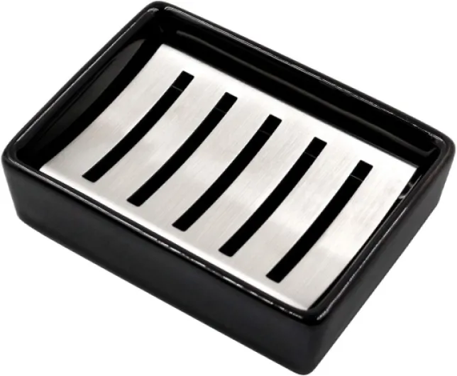 Porte-savon en céramique et acier inoxydable 304, double couche, auto-drainant, économiseur de savon durable, facile à nettoyer, pour salle de bain (noir)
