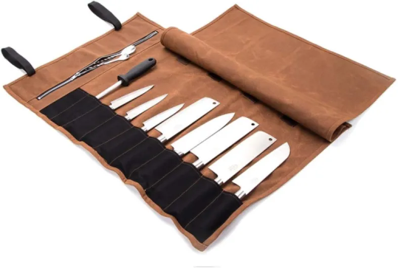 QEES Sac à couteaux de chef en toile cirée imperméable avec fermeture éclair 15 emplacements pour ustensiles de cuisine avec lame de rangement, cadeau pour papa et mari Brun