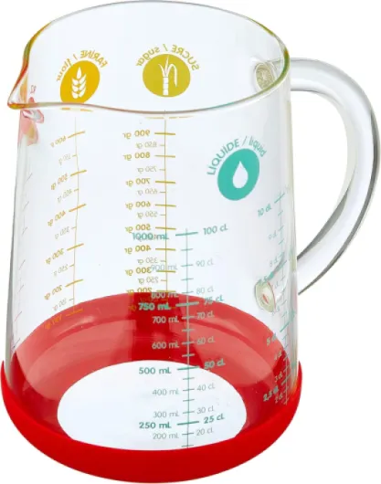 Verre Mesureur en Verre - 1L - Avec Base Silicone Antidérapante et Bec Verseur - 4 Mesures de Liquides (ml, cl, dl, L) Facilite les Conversions - Matériaux Naturels 1 litre - rouge