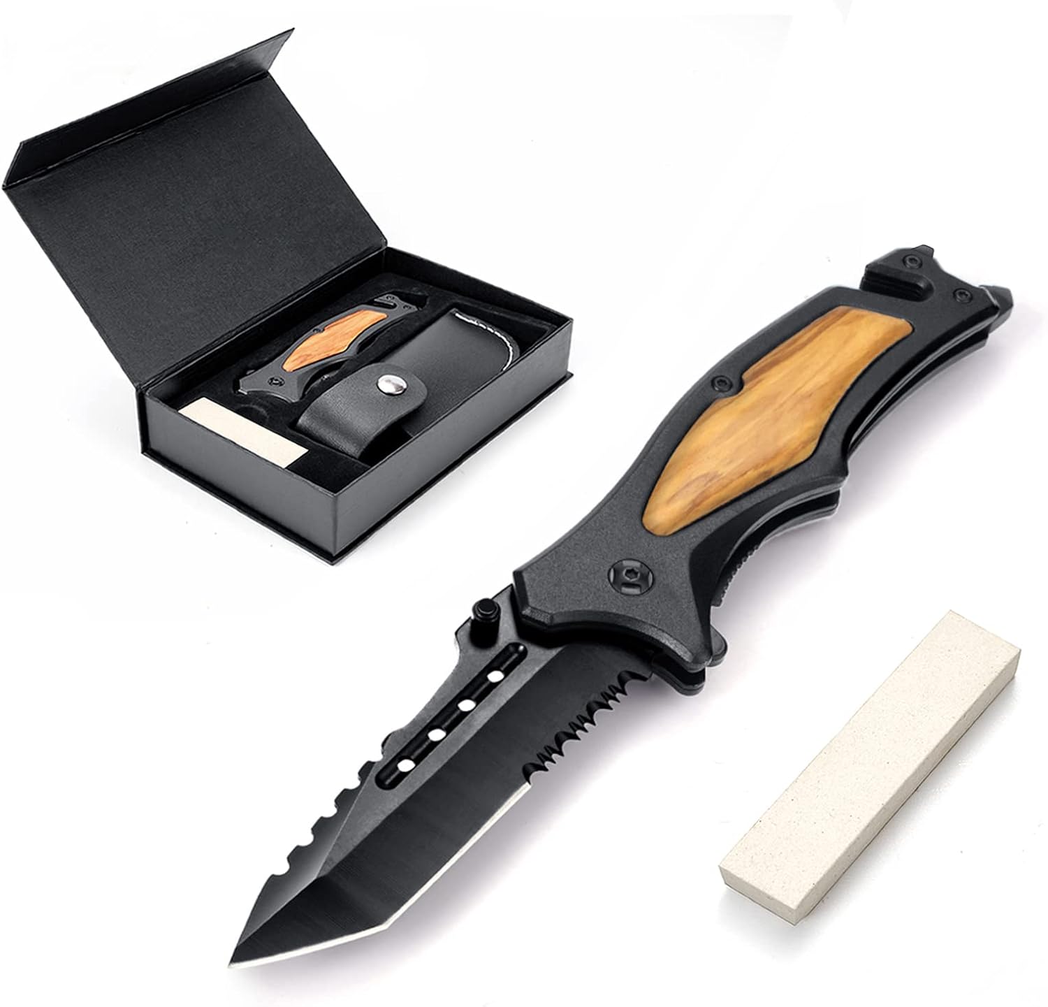 GVDV Couteau de Poche Multifonction 6 en 1- Couteau Pliant de Survie pour Randonées, Camping, Couteau Pliable avec Brise-Verre, Coupe-Ceinture, Ouvre-Bouteille, Coffret pour Homme marron