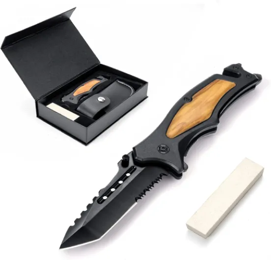 GVDV Couteau de Poche Multifonction 6 en 1- Couteau Pliant de Survie pour Randonées, Camping, Couteau Pliable avec Brise-Verre, Coupe-Ceinture, Ouvre-Bouteille, Coffret pour Homme marron