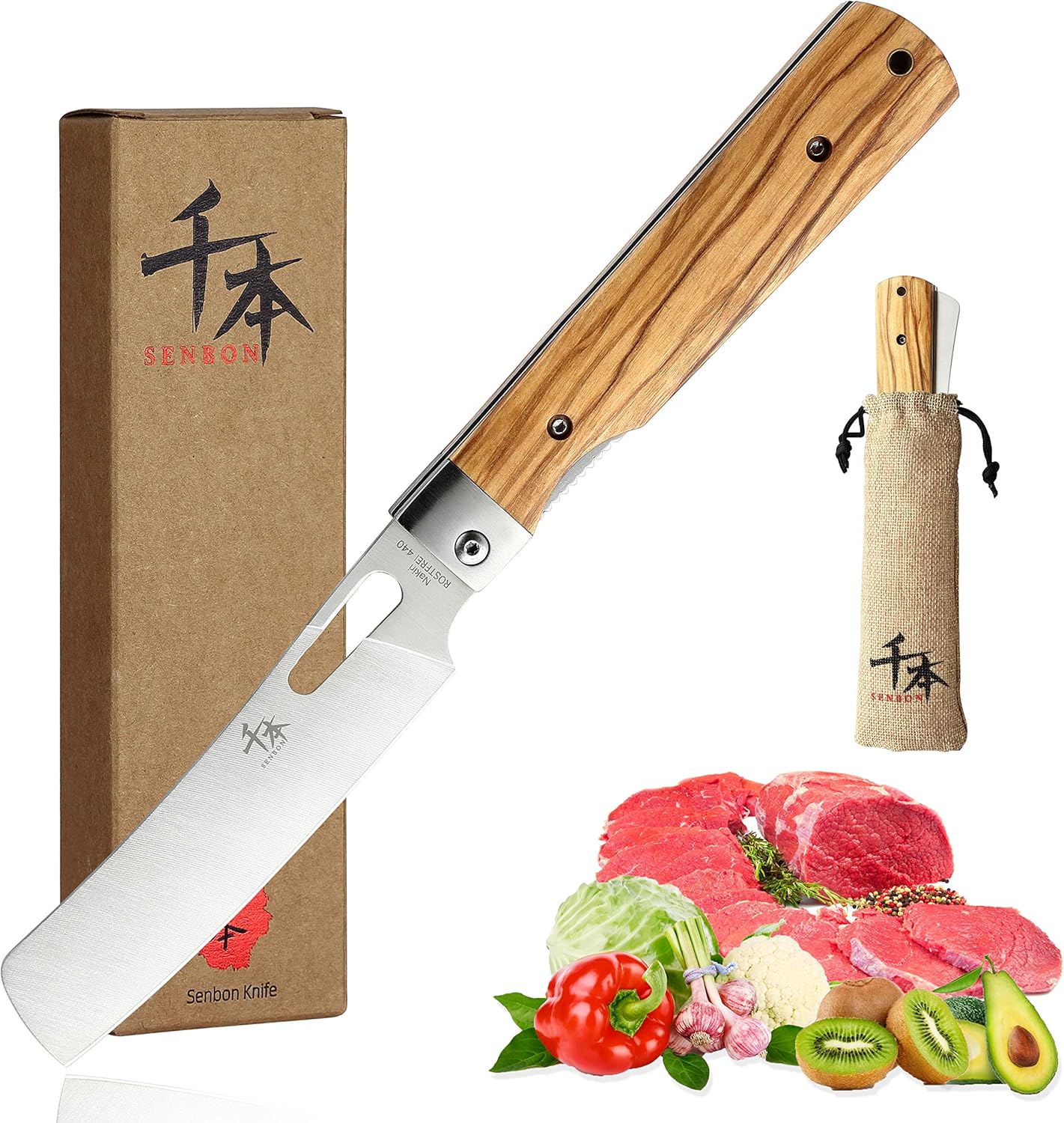 SENBON 440A Acier Inoxydable Ultra Pointu Poche Style Japonais Couteau De Chef Pliant Couteau À Éplucher Poignée En Olive Naturelle Camping Voyage En Plein Air Portable Couteau De Cuisine Olivenholz Nakiri