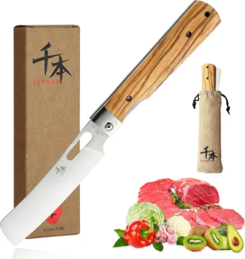 SENBON 440A Acier Inoxydable Ultra Pointu Poche Style Japonais Couteau De Chef Pliant Couteau À Éplucher Poignée En Olive Naturelle Camping Voyage En Plein Air Portable Couteau De Cuisine Olivenholz Nakiri