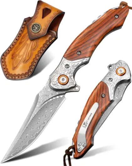 TUNA Couteau de Poche Damas à une Main, Couteau Pliant en Acier Damas 67 Couches VG10, Couteau Damas à une Main Avec Clip de Ceinture, Pour Collection ou Cadeau (A-Bois-clip)