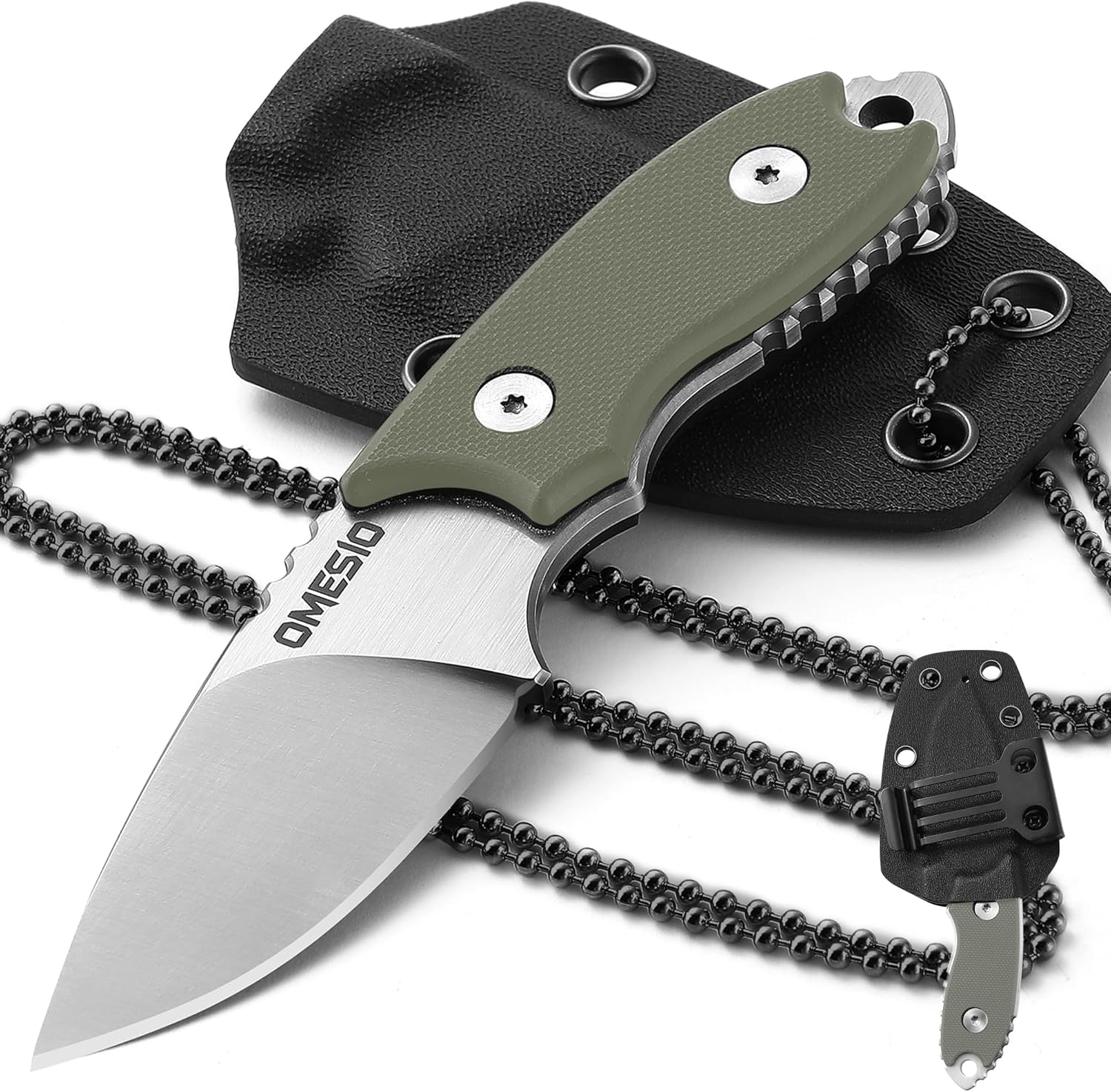 Couteau de Cou EDC, D2 Couteau Lame Fixe et Manche en G10, avec Fourreau en Kydex-Clip - Idéal pour Le Camping et Les Aventures en Plein air - (Lame Blanche + Manche Vert) C- Lame Blanche + Manche Vert