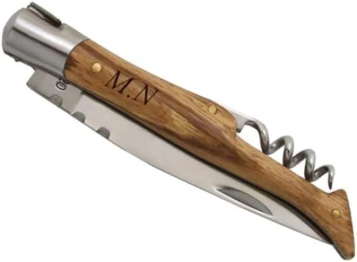 Générique Couteau Pliant 12cm Personnalisable Avec Tire-Bouchon Et Étui - Couteau Personnalisé en Frêne - Idée Cadeau