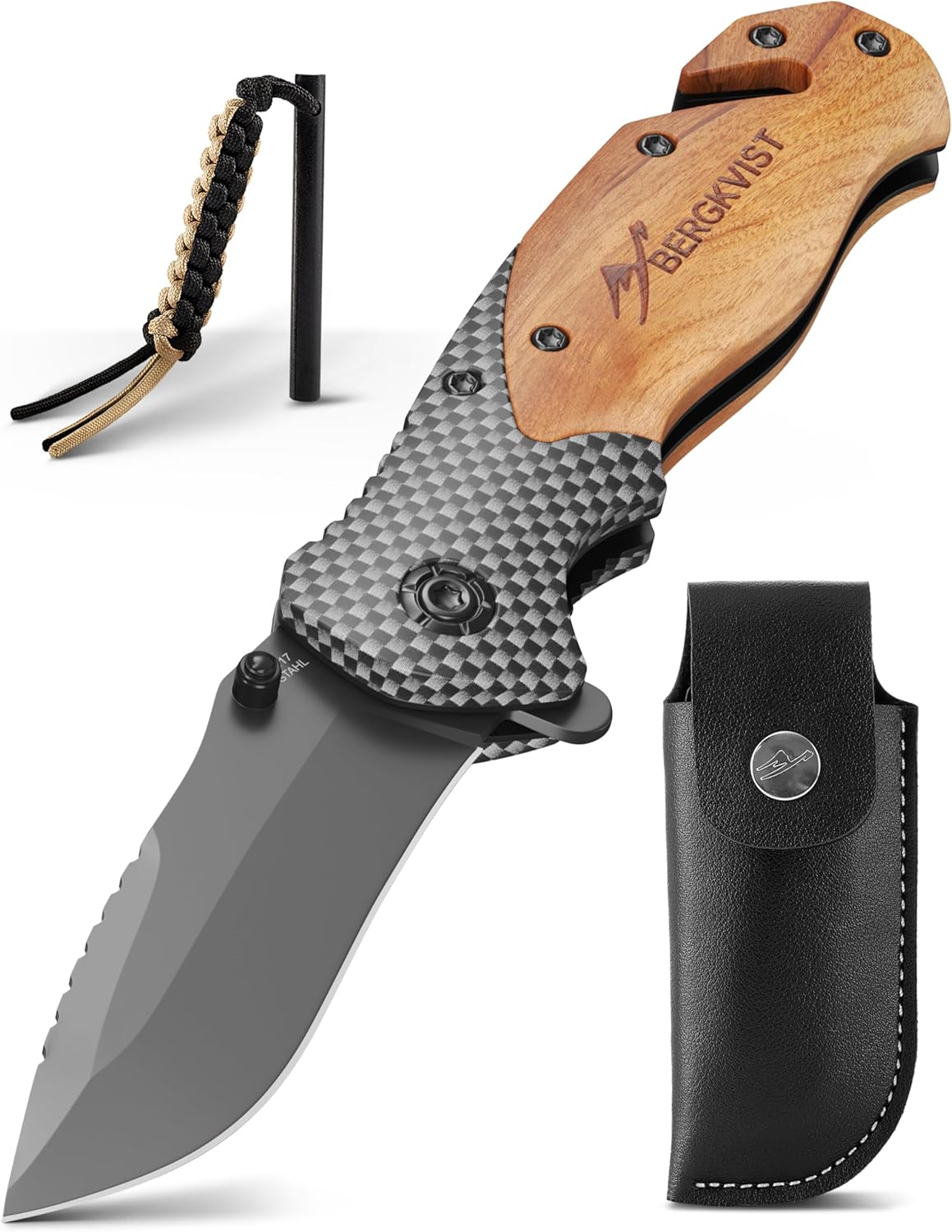 ® K19 Couteau Pliant - Couteau en Bois et Titane pour l'extérieur et la Survie - Couteau de Survie 3-en-1 avec Brise-vitre et Coupe-Ceinture