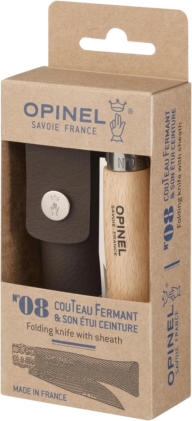 N°08 Inox et Étui Alpine - Couteau Pliant de Poche Bois - Couteau de Poche Lame Yatagan en Acier Inoxydable - Inox 8,5 cm et Manche en Bois de Hêtre