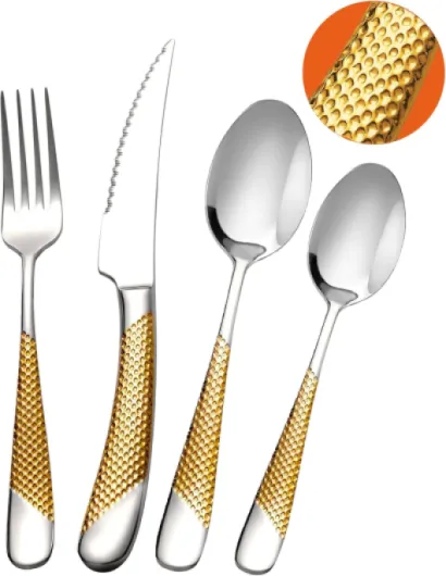 Ensemble de couverts modernes 24 pièces, Or Argent martelé Couteaux dentelés 2-en-1 ultra-tranchants, Service en acier inoxydable 18/10 Set pour 6 personnes, Couteaux, fourchettes, Cuillères Or Argent 24