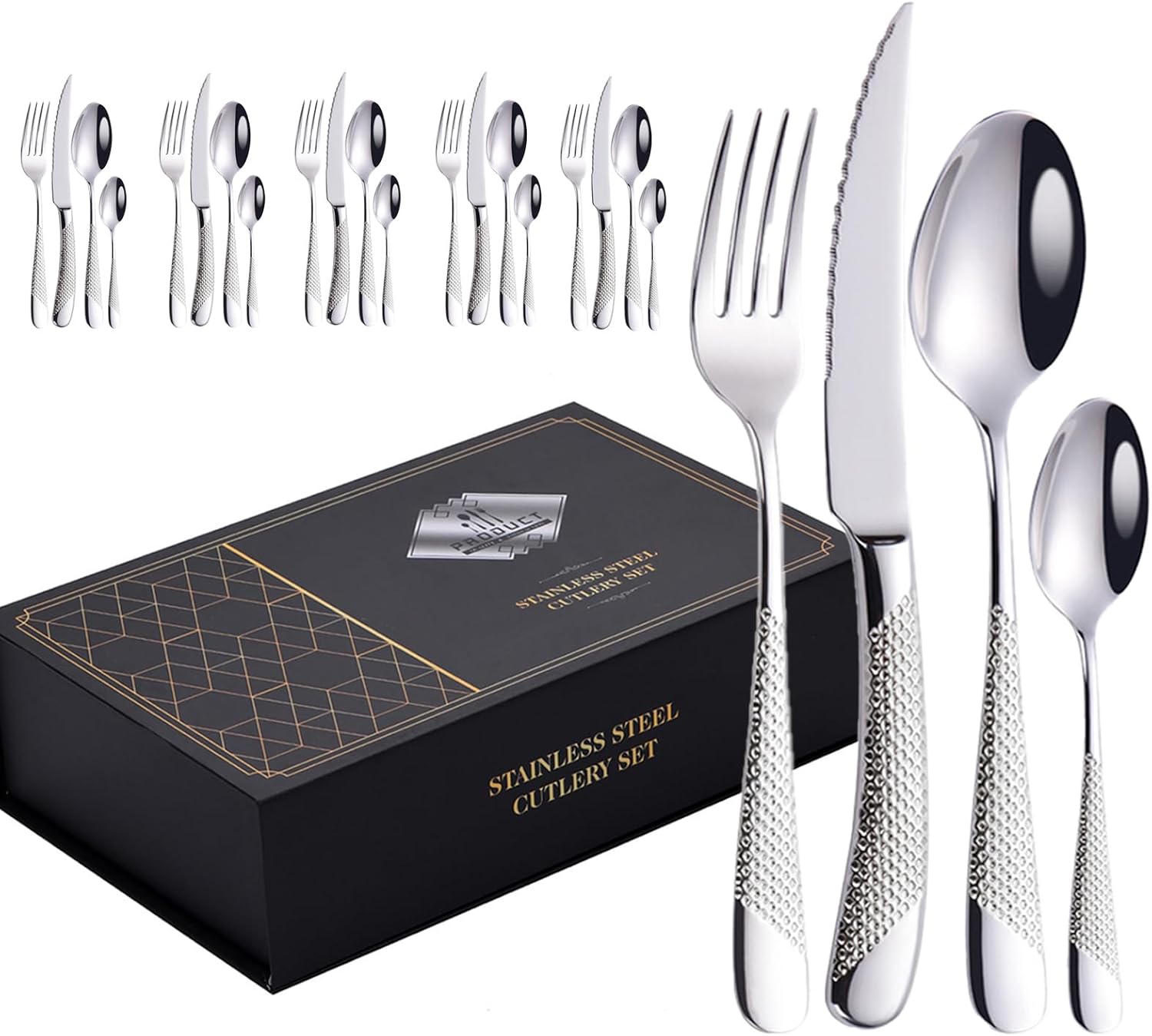 Couverts Ménagères Ensemble De 4 Acier Inoxydable Élégant Sain Durable, Comprend Une Cuillère À Fourchette À Couteau Pour Maison, Hôtel, Restaurant, Nouvelle Maison (Argent,24pcs) Argent 24pcs