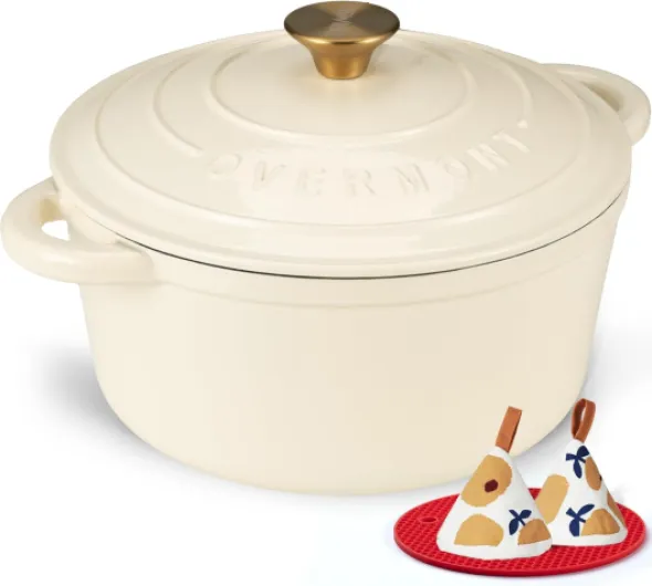 Overmont Enameled Cast Iron Dutch Oven - 5.5QT Pot with Lid Cookbook & Cotton Potholders - Heavy-Duty Cookware for Braising, Stews, Roasting, Bread Baking Cream White 5.5 Quart Cream white