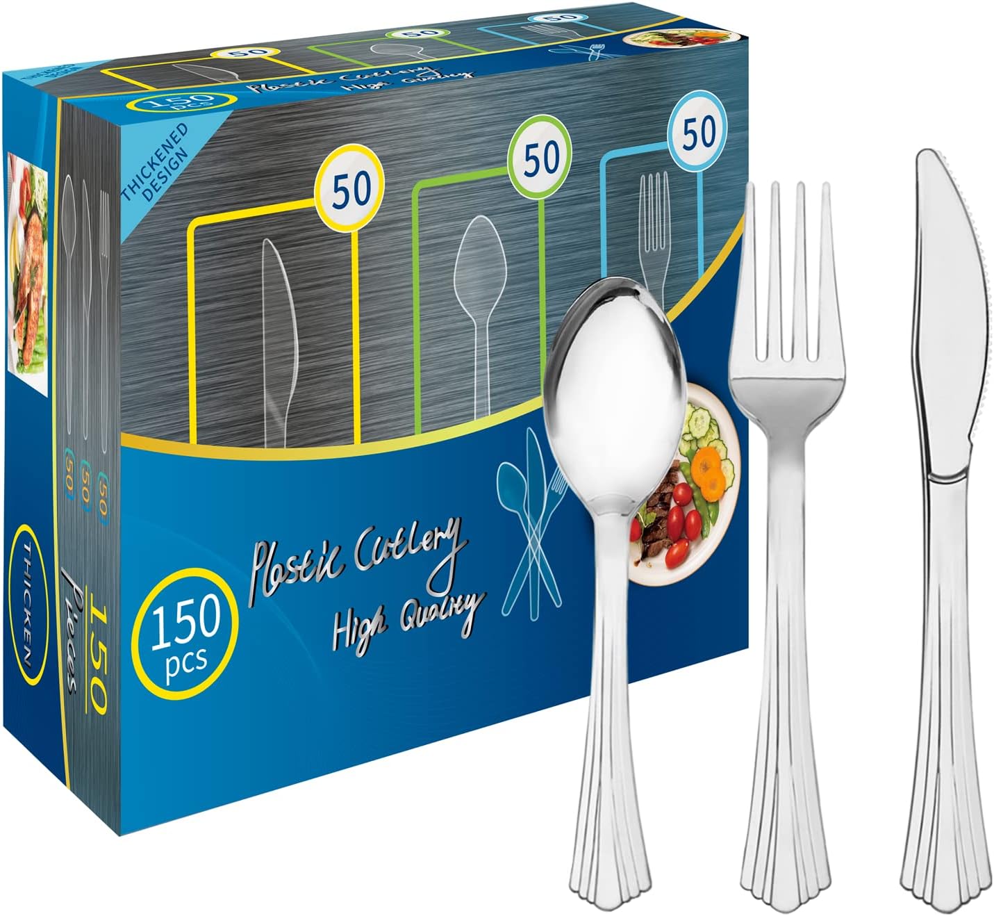 150 Couverts en Plastique Argenté Réutilisables,BPA-Freie,Passé le Test de Sécurité Alimentaire LFGB,50 Fourchettes,Couteaux,Cuillères Pour Réunions de Famille,Dîner en Plein air(Argent)