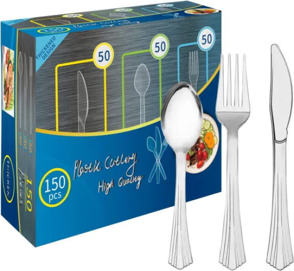 150 Couverts en Plastique Argenté Réutilisables,BPA-Freie,Passé le Test de Sécurité Alimentaire LFGB,50 Fourchettes,Couteaux,Cuillères Pour Réunions de Famille,Dîner en Plein air(Argent)