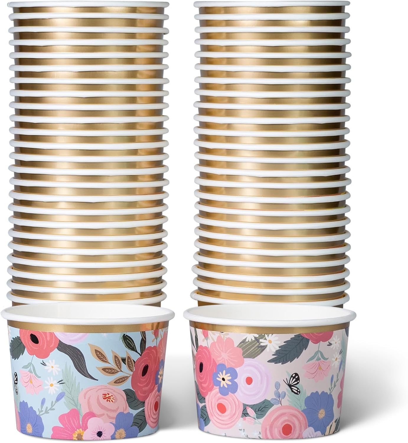 Lot de 50 Pots Glace 266 ml et Coupelles Jetables – Bols en Papier avec Motif Floral et Bord Doré – Pot à Glace Jetable, Coupelle Jetable Chaud/Froid pour Fêtes, Mariages, Desserts et Soupes