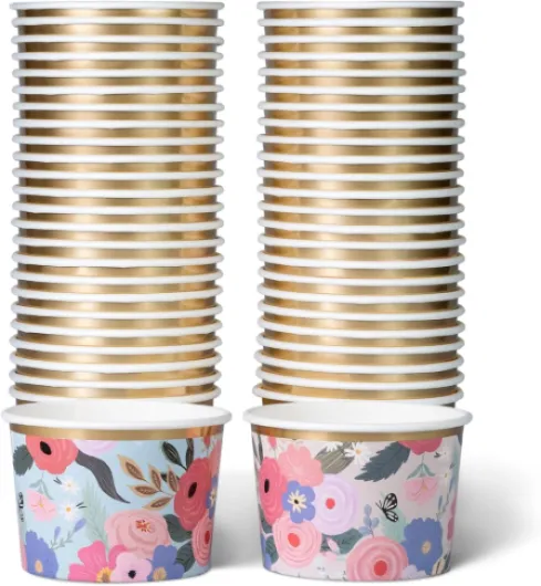Lot de 50 Pots Glace 266 ml et Coupelles Jetables – Bols en Papier avec Motif Floral et Bord Doré – Pot à Glace Jetable, Coupelle Jetable Chaud/Froid pour Fêtes, Mariages, Desserts et Soupes