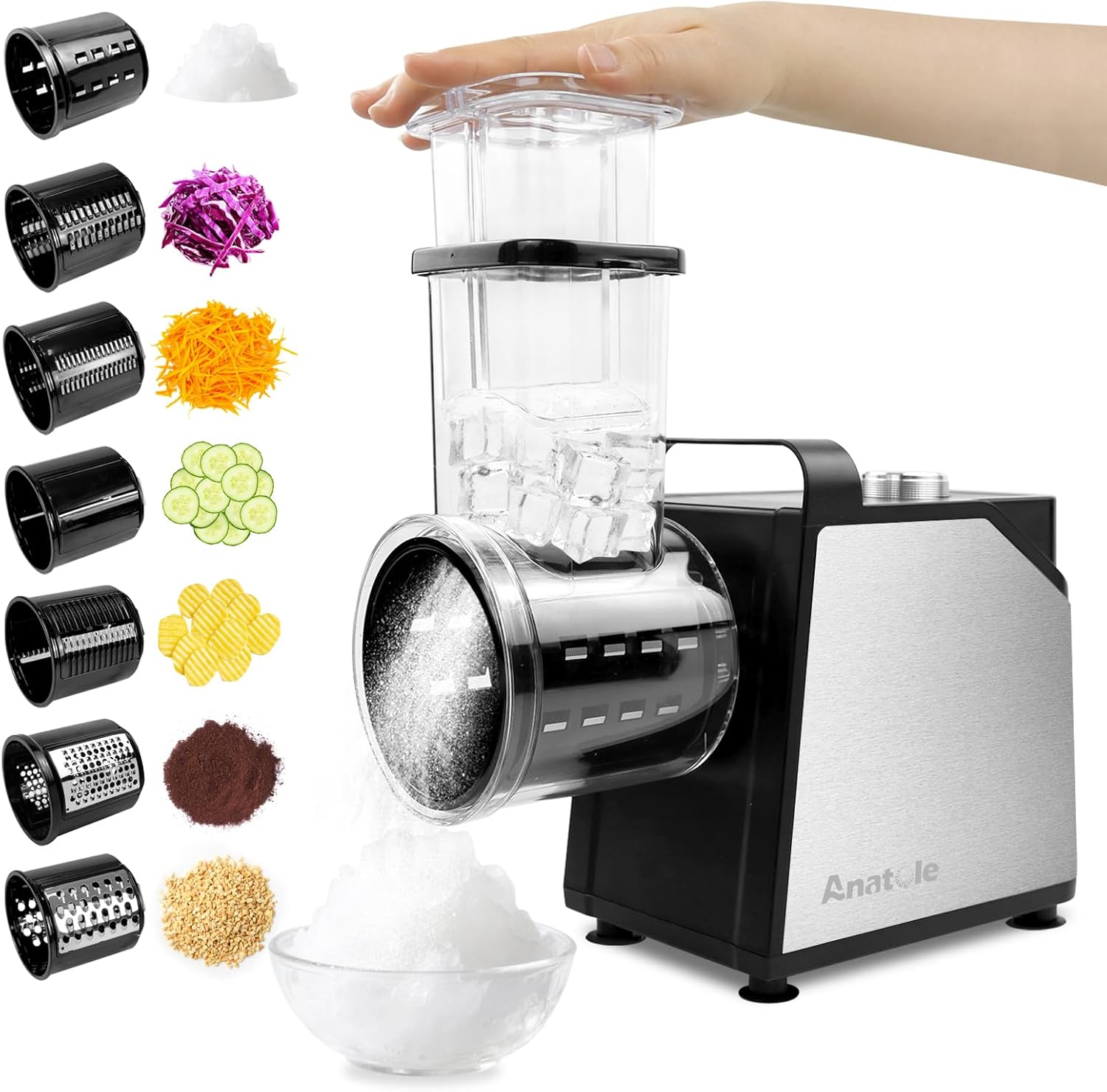 Coupe Légumes Électrique Broyeur à Glace 7 Lames Rape à Fromage Acier Inox 250W Rapeuse Carottes Professionnel Grand Calibre Trancheuse de Légumes Multifonctions 220V Fiche UE