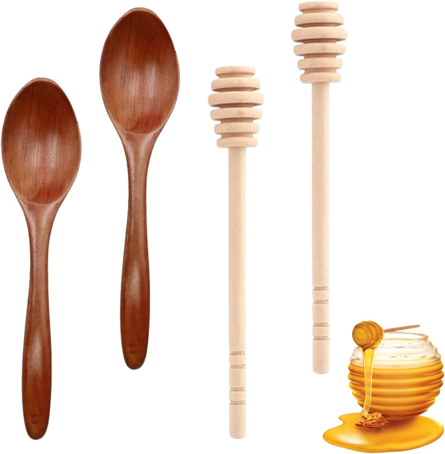 Lot de 4 cuillères à miel, cuillères à miel, cuillères à miel en bois de 14 cm, cuillère à miel en bois de 15 cm, distributeur de miel et de sirop, bâtonnets mélangeurs en spirale de miel (2