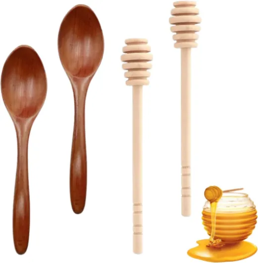 Lot de 4 cuillères à miel, cuillères à miel, cuillères à miel en bois de 14 cm, cuillère à miel en bois de 15 cm, distributeur de miel et de sirop, bâtonnets mélangeurs en spirale de miel (2