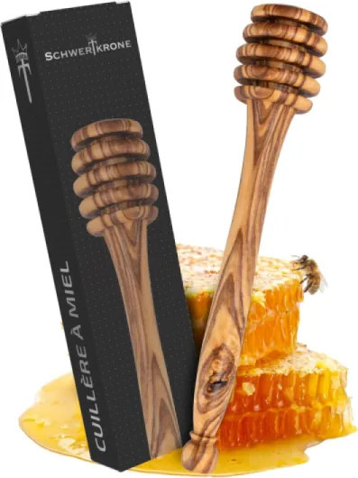 SCHWERTKRONE® Cuillère à Miel 15cm [BOIS D'OLIVIER ARTINASALE] - Haute Qualité Cuillère Miel Bois Olivier - Miel Accessoire - Propriétés Antibactériennes Culliere en Bois pour Miel