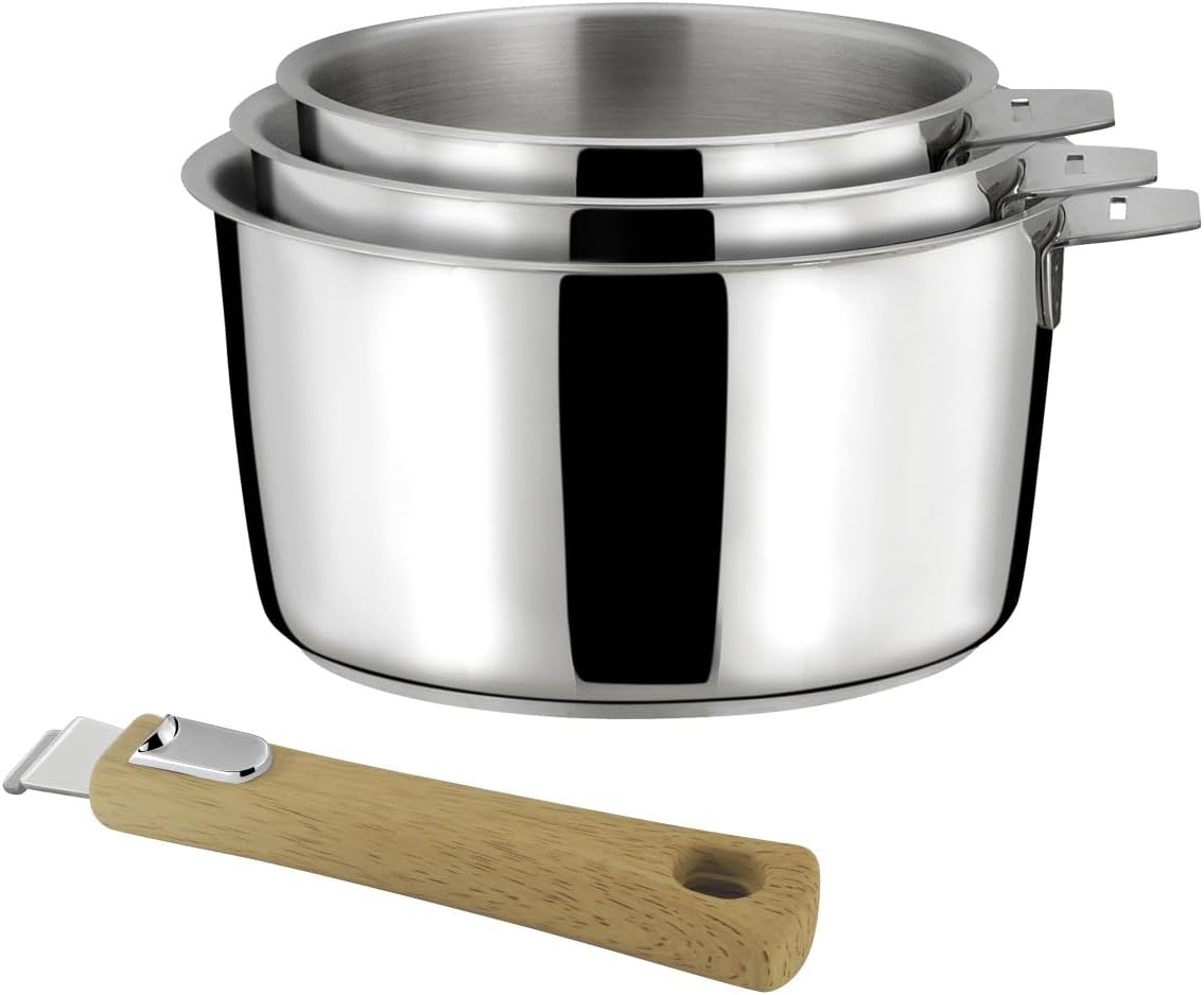 Malice - 3 casseroles 16/18/20 cm (1.5L, 2L, 3L) tout inox avec poignée effet bois clair - Fond sandwich - Compatible tous feux - Acier Inox 18/10 - Finition brillant - Poignée Amovible Casserole x3 + poignée bois clair