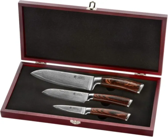 Edib Set de 3 couteaux en Damas I Lames en acier damassé à 67 couches avec noyau VG10 et manches en bois de pakka I Couteaux de cuisine professionnels & couteaux damassés dans une boîte en bois