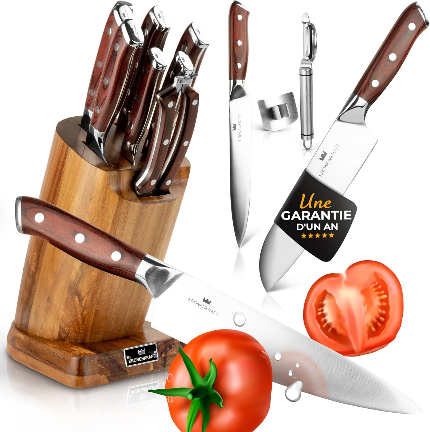 Set de Couteaux KRONENKRAFT® de 9 Pièces - Inclut Couteau de Chef, Couteau Santoku, et Plus - Fabriqué en Acier Allemand, Manche en Bois Pakka - Idéal pour Cuisine Professionnelle