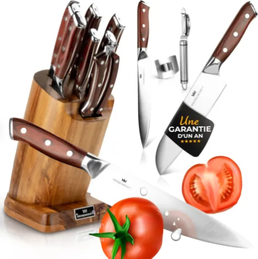Set de Couteaux KRONENKRAFT® de 9 Pièces - Inclut Couteau de Chef, Couteau Santoku, et Plus - Fabriqué en Acier Allemand, Manche en Bois Pakka - Idéal pour Cuisine Professionnelle