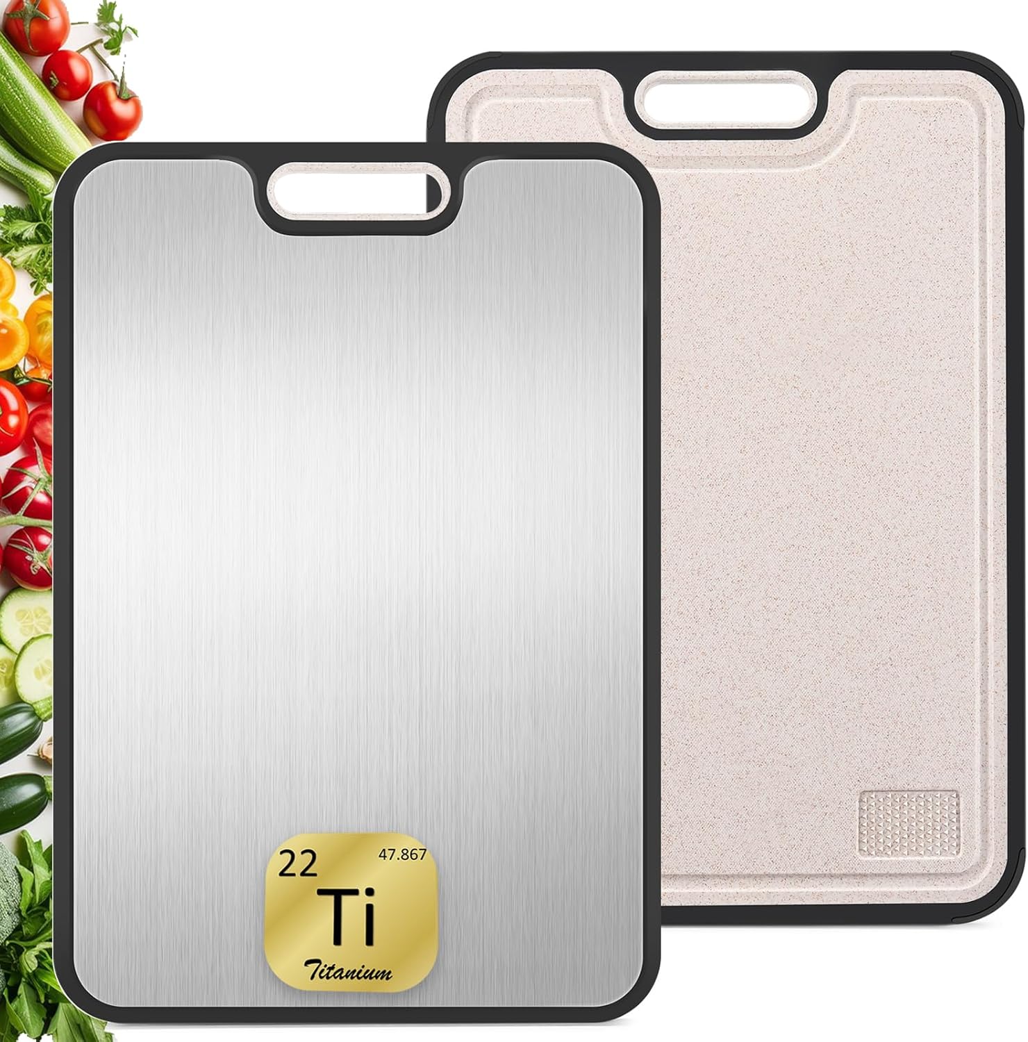 FOLAI Planche à découper en titane - 1 pièce - Double face avec rainures de jus et poignées antidérapantes - Professionnelle - Passe au lave-vaisselle - 38,5 x 26,5 cm - Argenté 42.5L x 29l cm