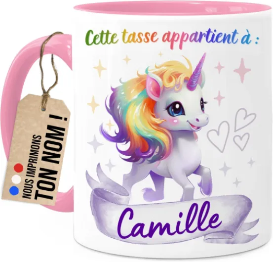 Cupdarling® Tasse Licorne Personnalisée - Mug Enfant avec Prénom Pour Fille - Rose - Cadeaux Licorne - Tasse De Noël - Cadeaux Personnalisés Enfants - Gobelet Enfant en Céramique 330ml Licorne 1 - Rose