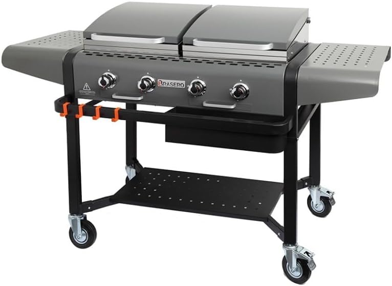 Plancha Margaux Gun Metal sur chariot équipé - Grill et Plancha - 4 Feux à gaz - Jusqu'à 14 convives - Surface de cuisson 86 x 72,7 cm - 15 kW - Récupérateur de graisses