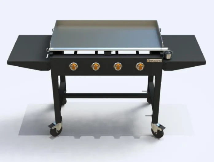 BRASERO - Plancha Carmen sur Chariot équipé-Brasero-4 Feux à gaz-Jusqu'à 14 convives-Surface de Cuisson 90X45,5cm-16 KW-Récupérateur de Graisse