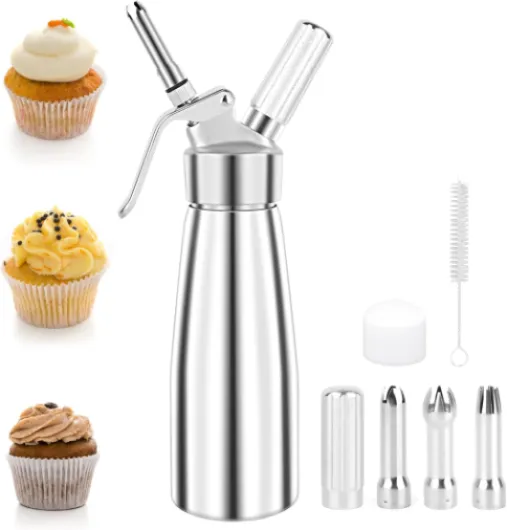 500ml Siphon Chantilly, Siphon de Chantilly Decorating Gâteaux et Desserts, Syphon à crème en Aluminium avec 3 Douilles en Acier Inoxydable et 1 Brosse de Nettoyage, pour Mousses et Crèmes