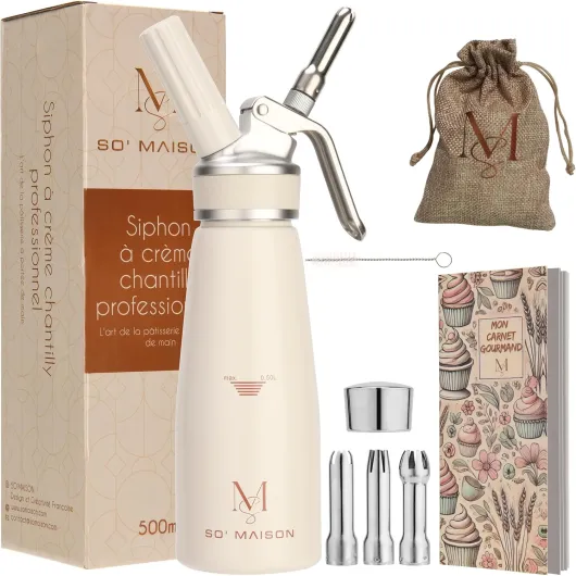 SO'MAISON Siphon Chantilly 500ml- Design Crème Vintage- Cahier de Recettes à Compléter- Siphon Cuisine en Aluminium pour Crème Chantilly et Mousses- Matériel de Pâtisserie Professionnel