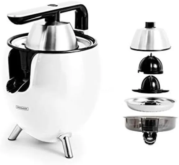 Presspod Blanc – Presse-Agrumes Électrique – Double Cônes – Filtre Acier Inoxydable – Bras Articulé – Bec Verseur – Design Compact – 550ml