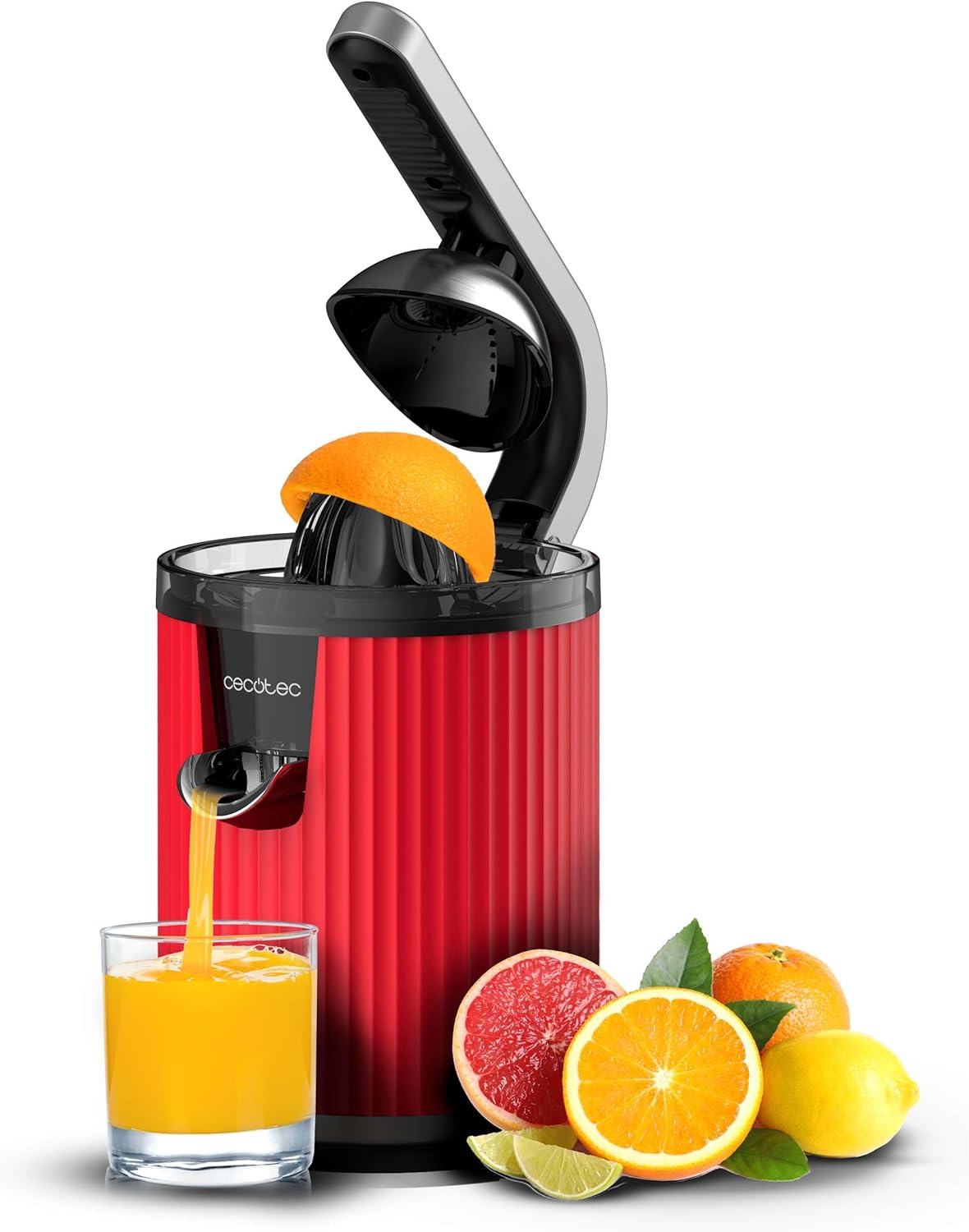 Presse-agrumes électrique à bras pour oranges et agrumes Xqueeze RetroJuice 600 Red - 600W, Style rétro, filtre en acier inox, cône plastique, levier pour extraire la pulpe, Anti-gouttes