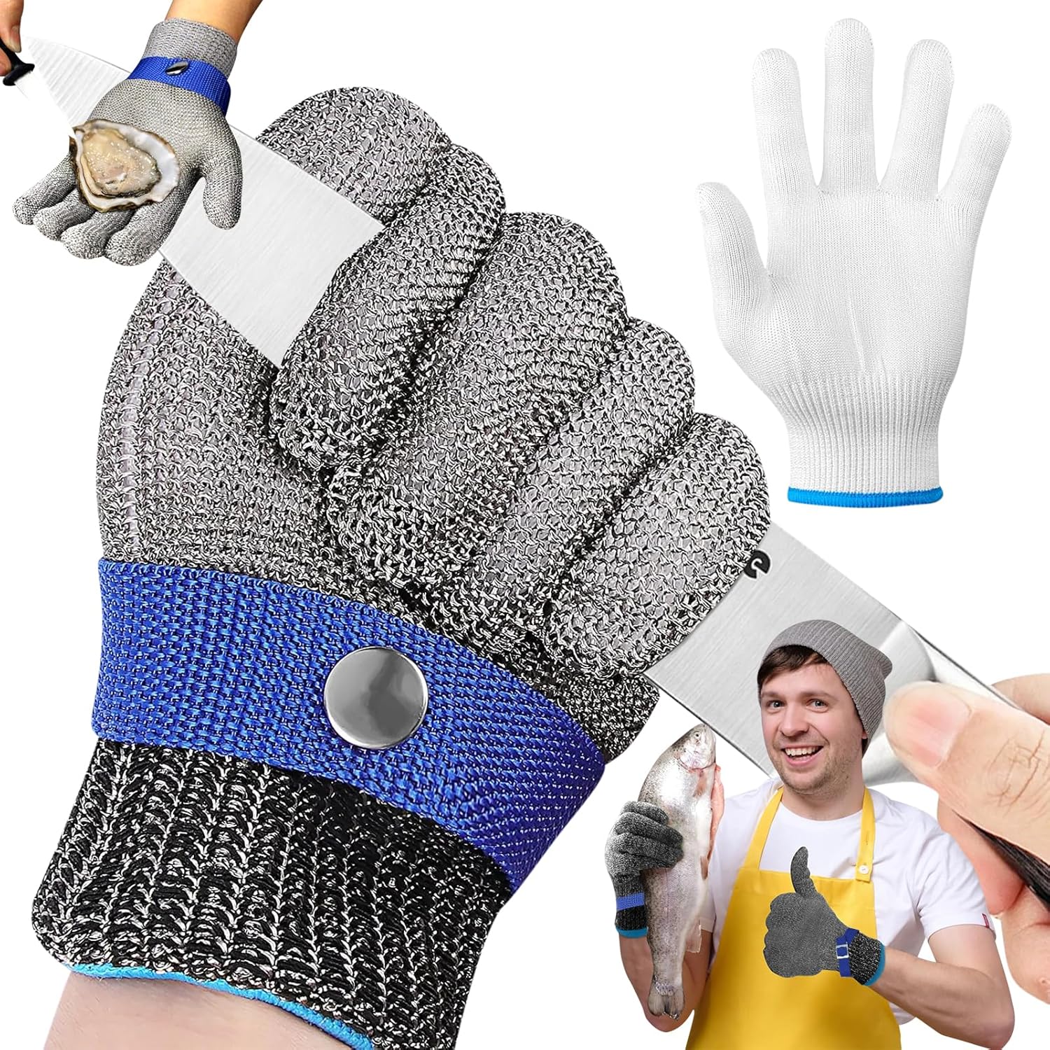 Srup Gant Anti Coupure Cuisine, Gant Huitre Protection, Gants Résistants Coupures Acier Inoxydable, Gants résistants aux coupures de Maille d'acier Inoxydable, Gants Anti Coupure Niveau 9